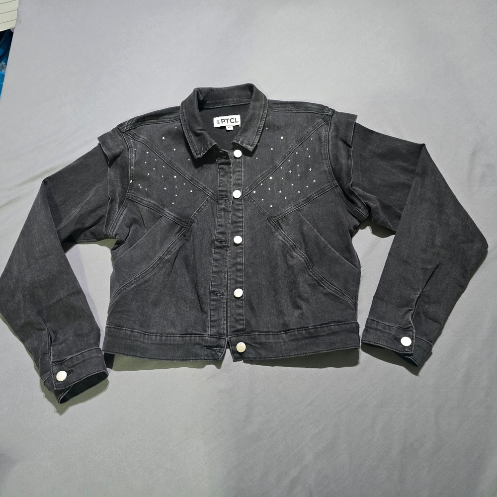 PTCL Denim Jacket Women XL Black Rhinestone Studded Western Ruffle Ethikal Brand